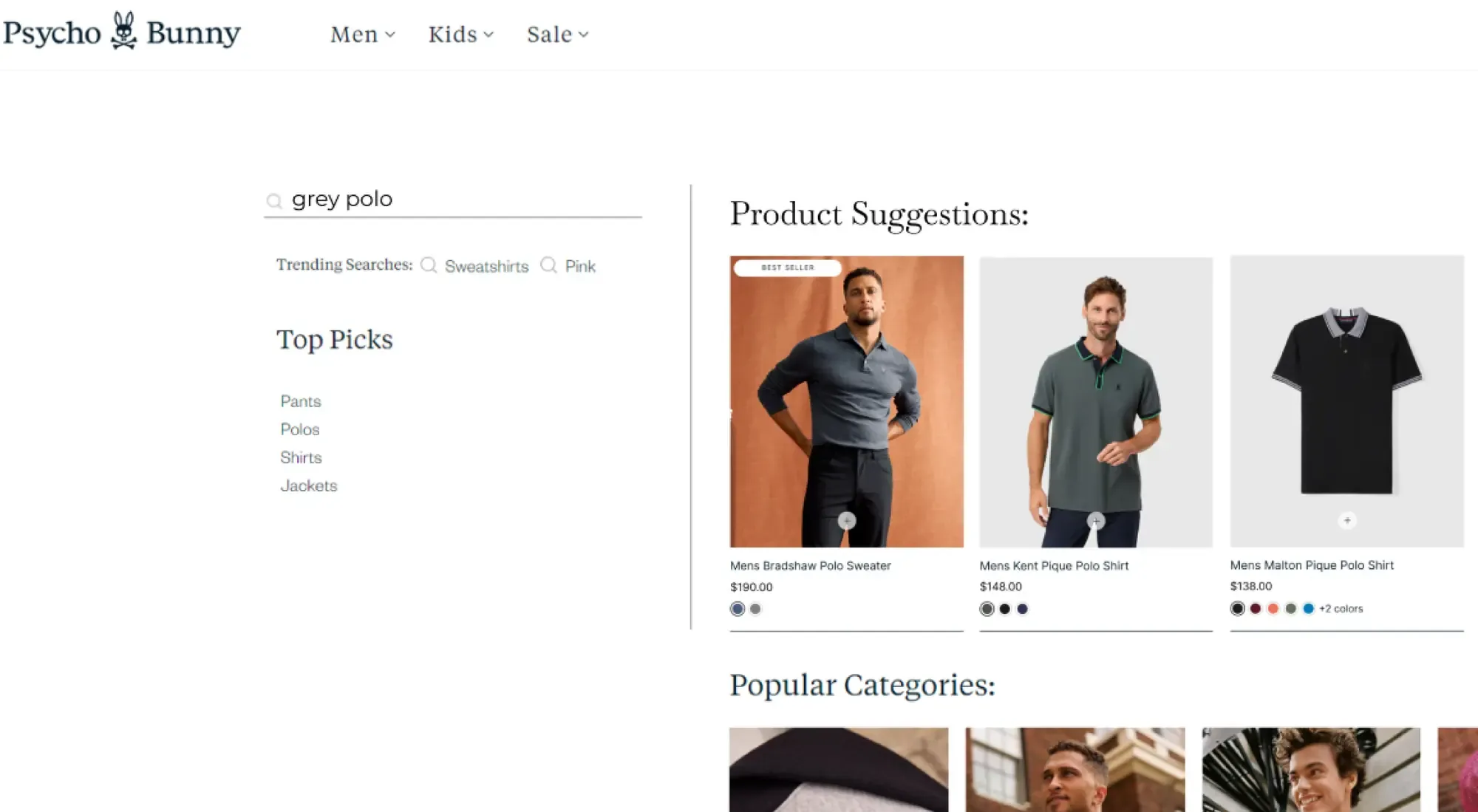Psycho Bunny search for “grey polo” showing trending searches, top picks and product suggestions