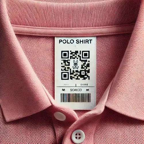 QR code tag with the Psycho Bunny logo inside the collar of a pink polo shirt