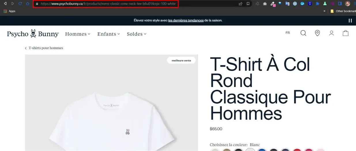 French version of a Psycho Bunny product page for a white crew neck tee, with the /fr/ URL highlighted
