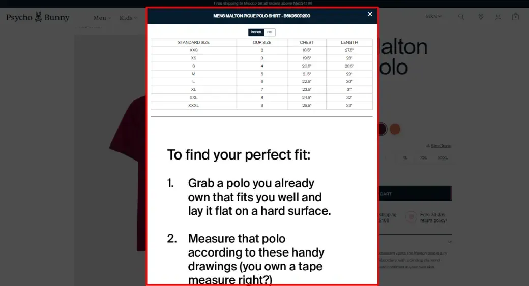 Psycho Bunny size guide modal for the Malton pique polo with a size chart and fit instructions