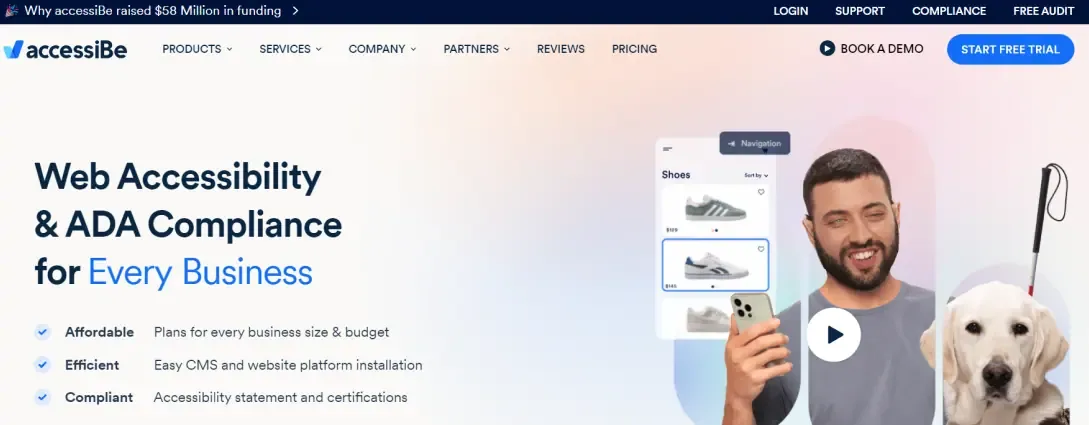 accessiBe homepage hero reading “Web Accessibility & ADA Compliance for Every Business”