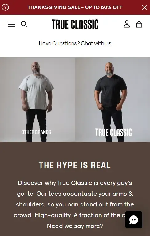 True Classic mobile page comparing “Other brands” and True Classic tees under “The Hype Is Real”