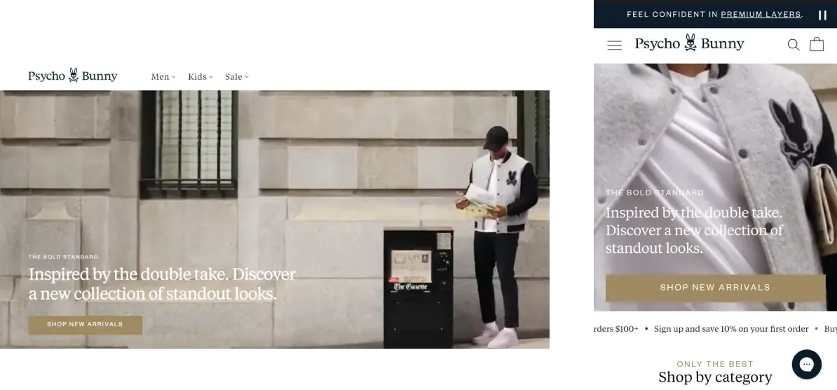 Psycho Bunny desktop and mobile homepage heroes with a “Shop New Arrivals” button over a man in a varsity jacket