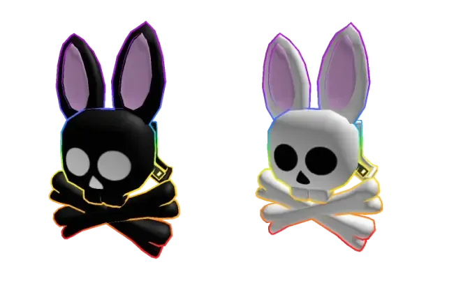 Two 3D skull-and-crossbones bunny items, one black and one white, with rainbow outlines