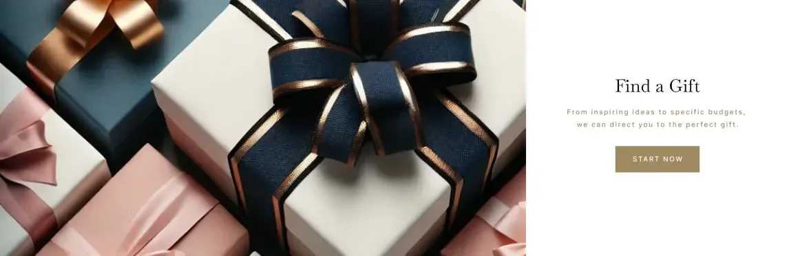 “Find a Gift” banner beside wrapped gift boxes with navy and pink ribbons, with a “Start Now” button