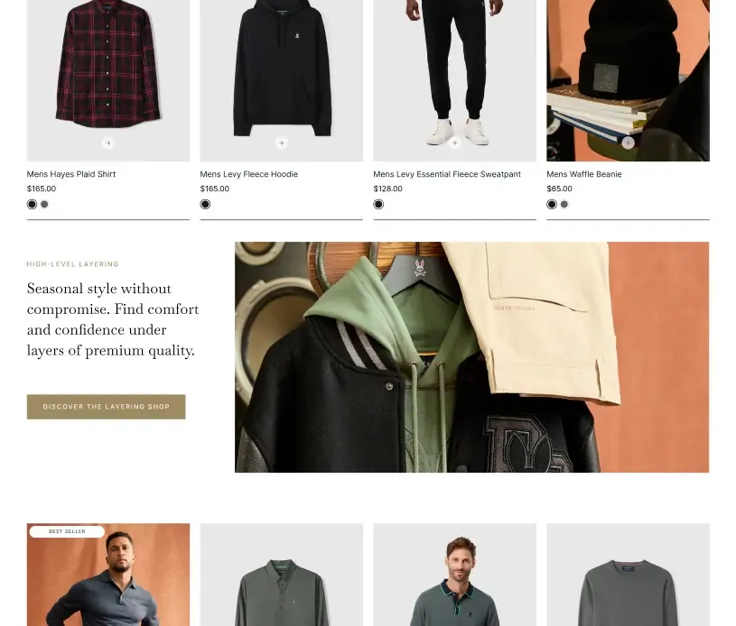 Product grid broken up by a “High-level layering” banner of jackets with a “Discover the Layering Shop” button