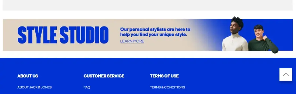 Jack & Jones “Style Studio” banner offering personal stylists, with two models and a “Learn more” link