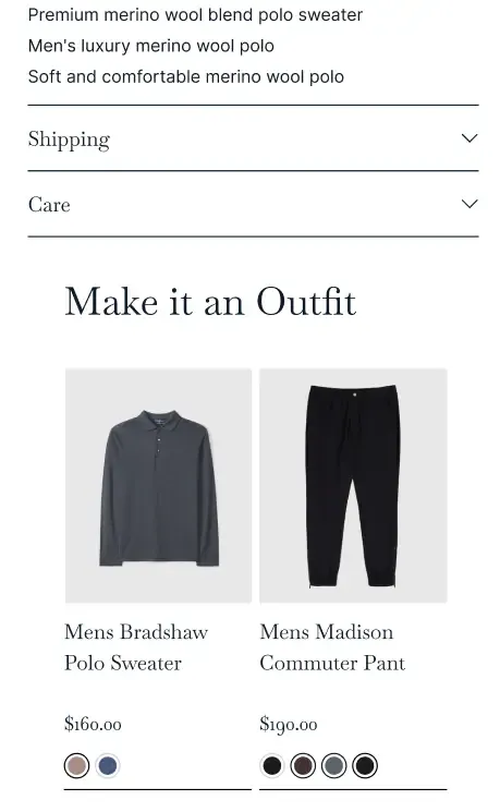 Product page “Make it an Outfit” section pairing a polo sweater with commuter pants