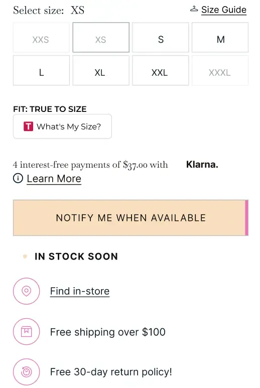 Product page size selector with a “Notify me when available” button and an “In stock soon” label