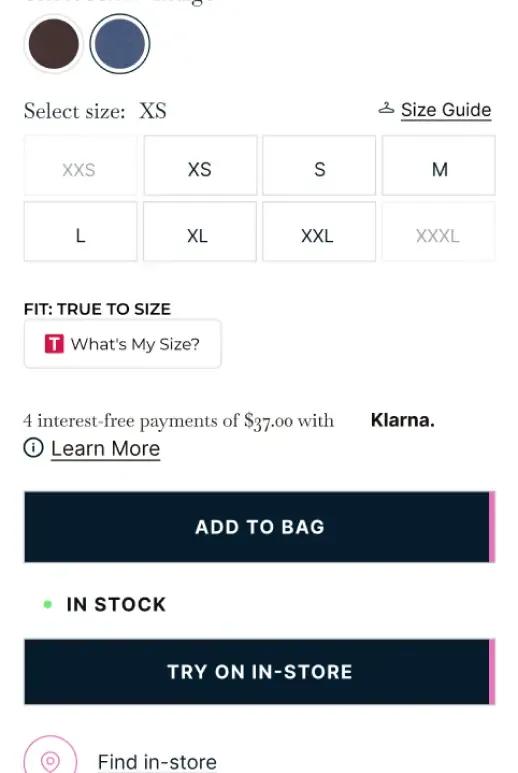 Product page with an “Add to bag” button and an added “Try on in-store” button below it