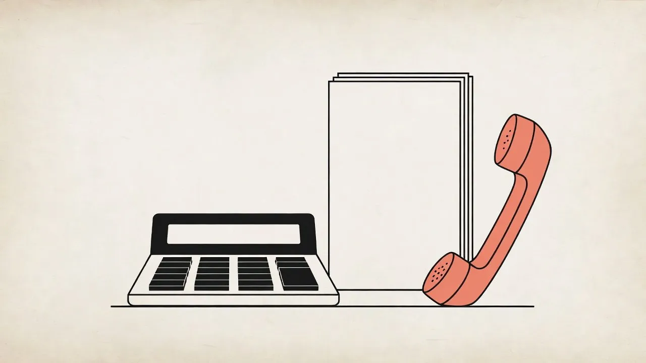 Flat illustration of a black desk calculator with a blank display beside a stack of blank paper and a coral phone handset, on a cream background.