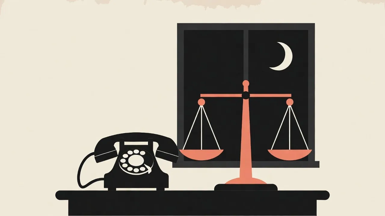 Flat illustration of a black rotary desk phone and a coral balance scale on a black desk, with a night window and a crescent moon, on a cream background.