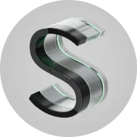 3D chrome letter S logo mark with a green glow on a gray circle