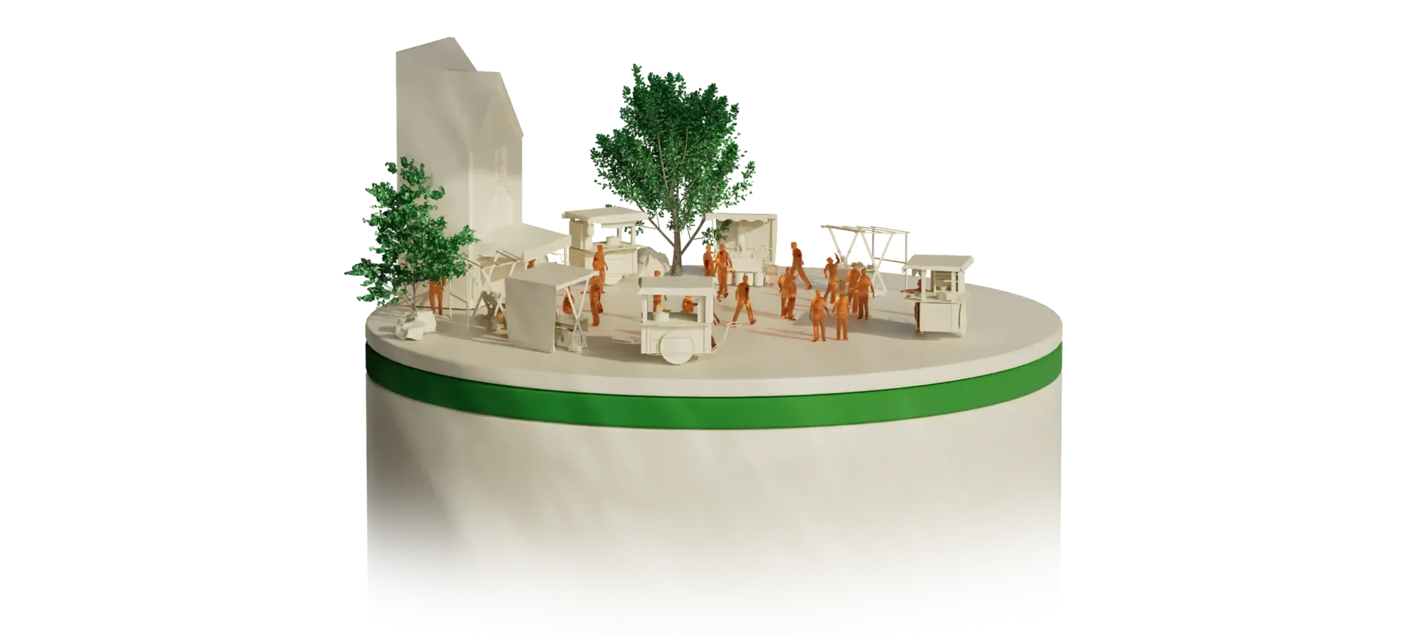 3D render of a white market square with food carts, trees and orange figures on a round green-striped pedestal