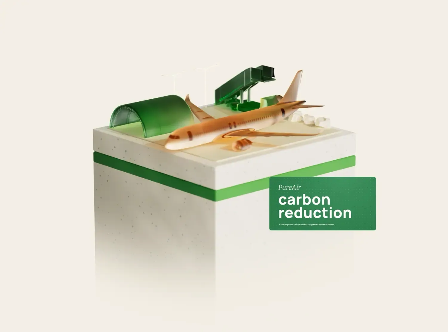 3D airport tile with an orange airplane and green hangar, labeled PureAir carbon reduction