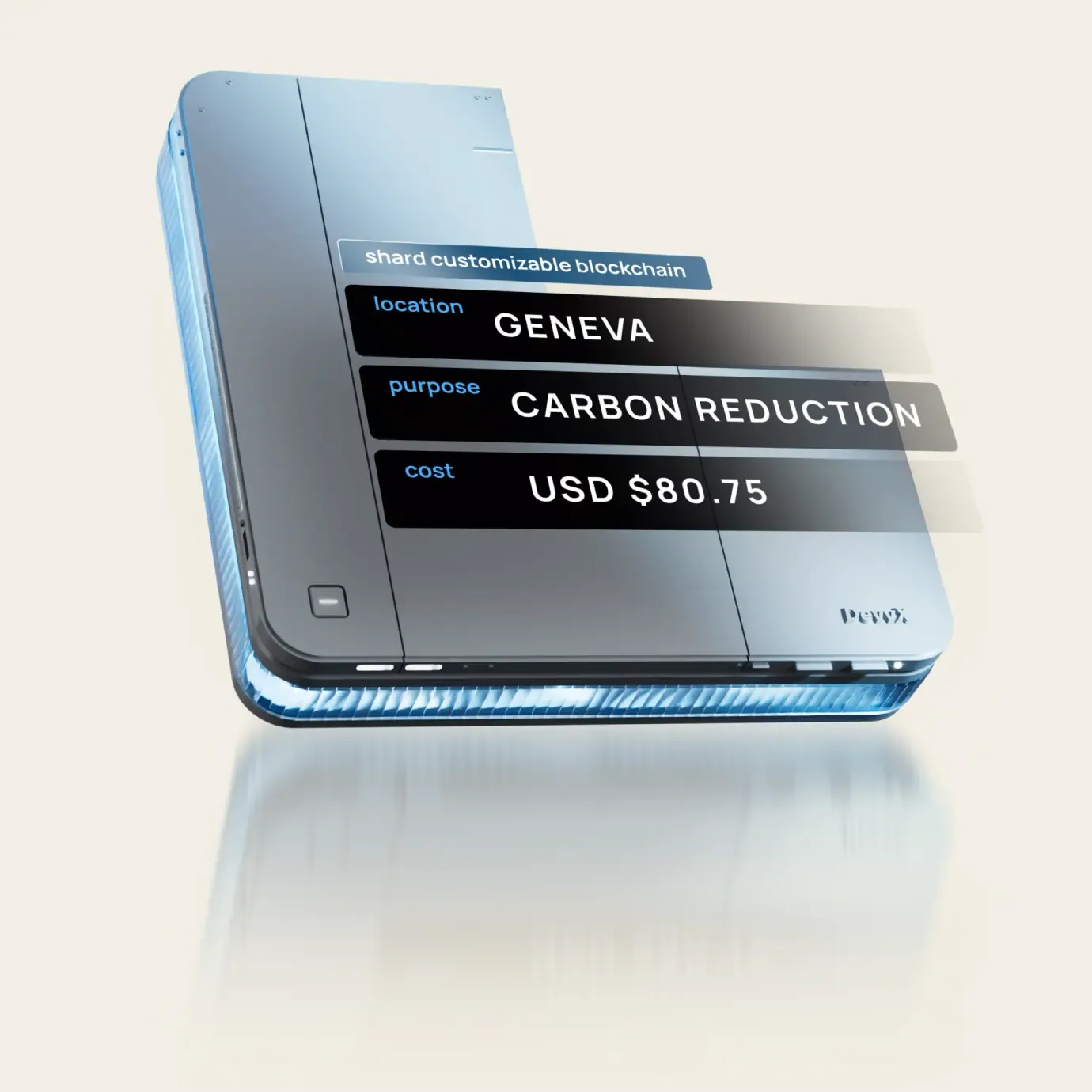 3D DevvX hardware device with panels reading shard customizable blockchain, Geneva, carbon reduction, USD $80.75