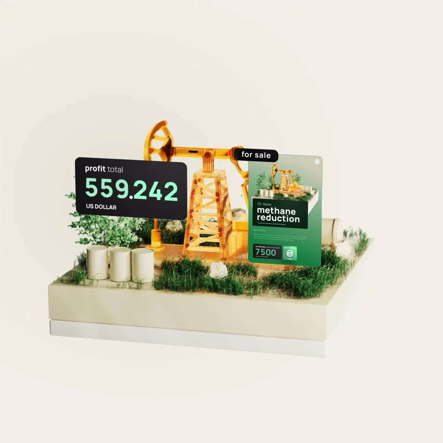 3D oil pump jack on a grassy tile with a profit total card and a for-sale TS-Nano methane reduction card