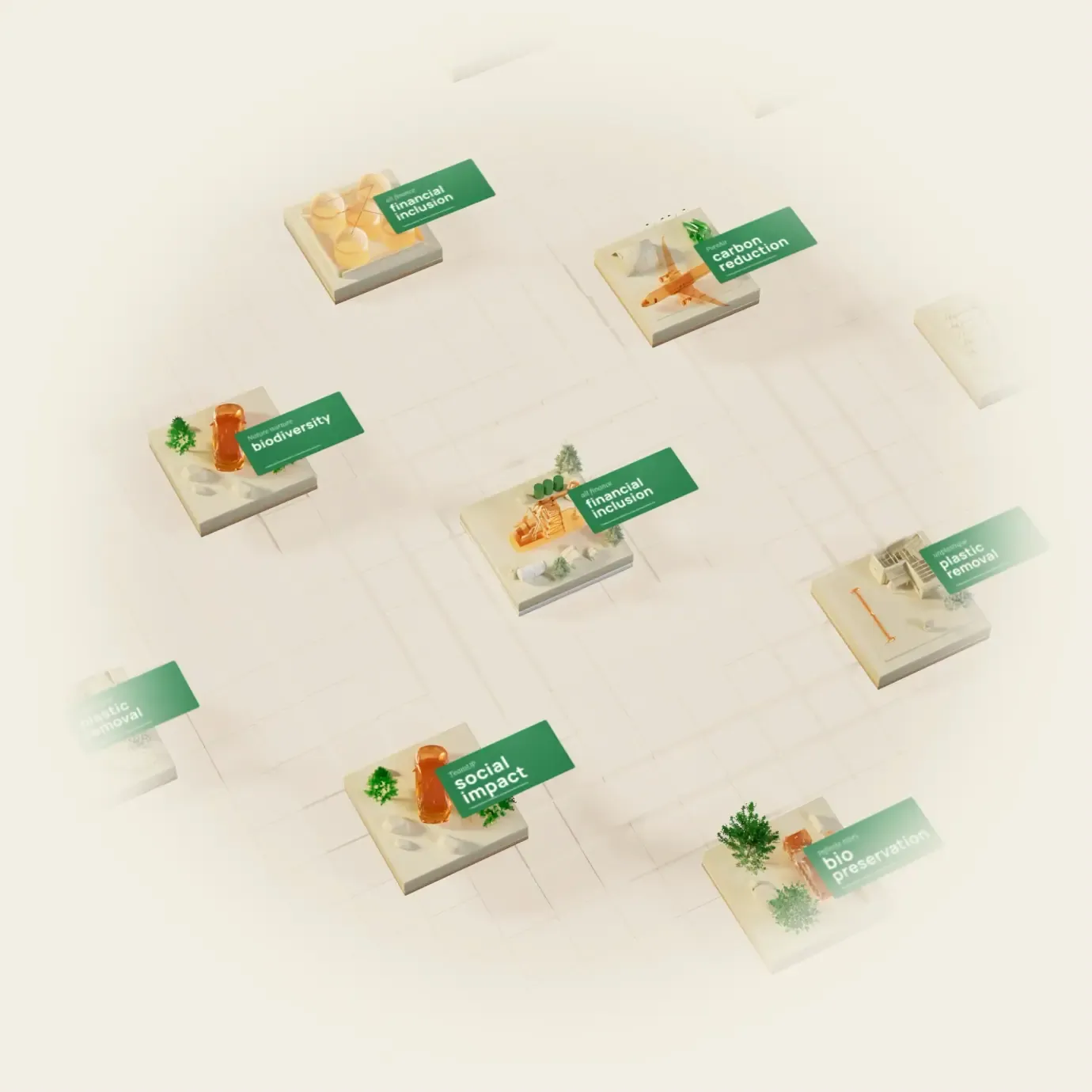 Isometric grid of 3D project tiles labeled financial inclusion, carbon reduction, biodiversity and social impact