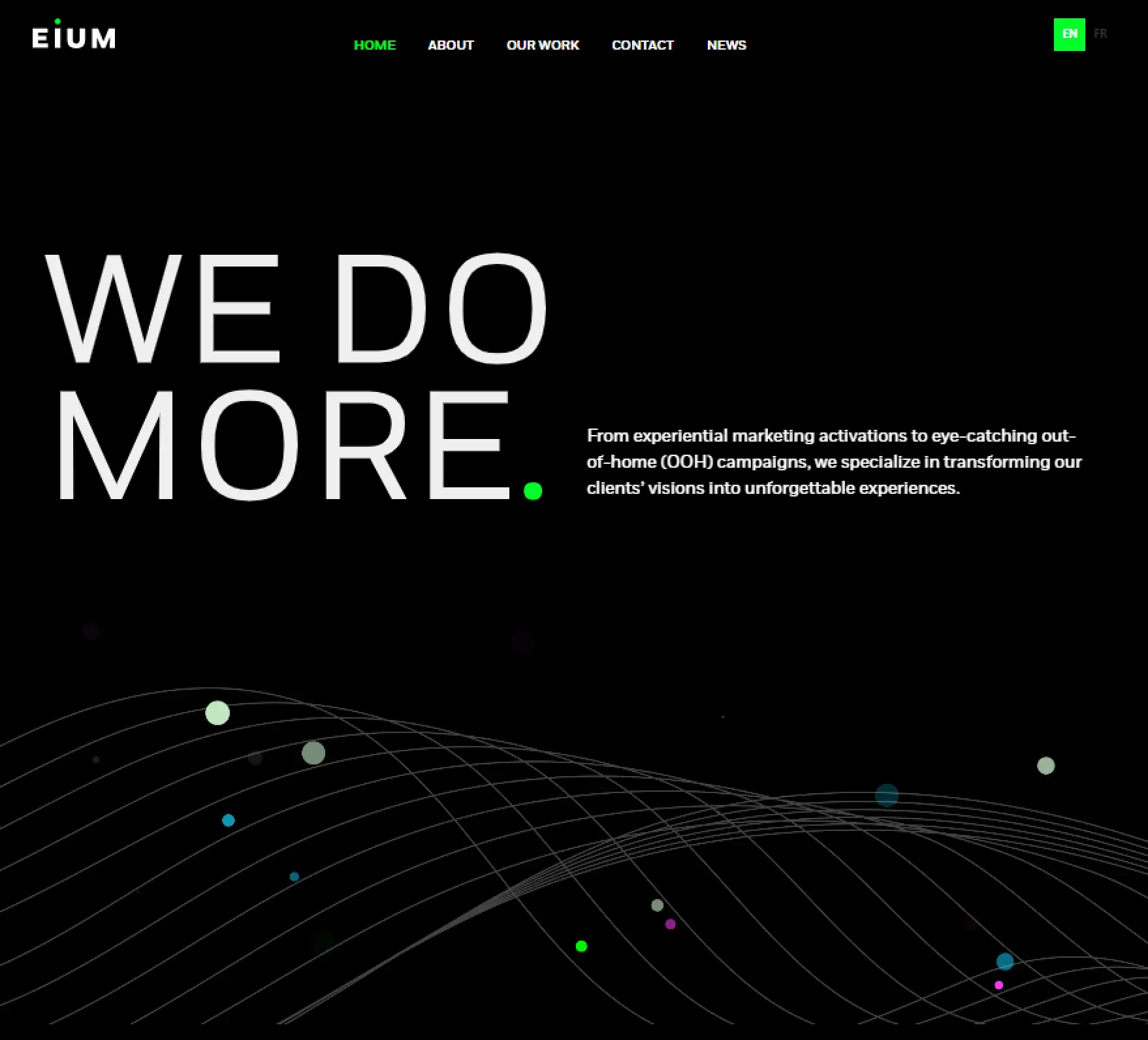 EIUM homepage with a black hero reading WE DO MORE, navigation links and a wave-line graphic