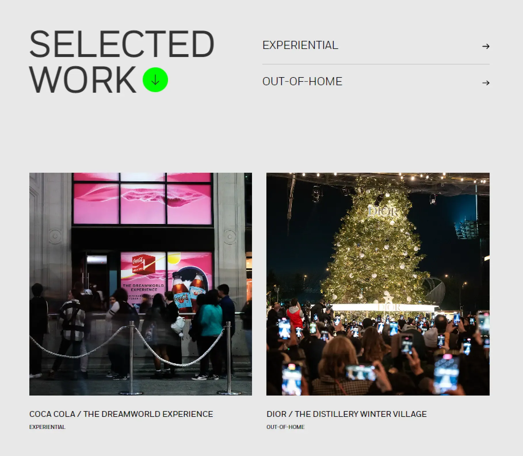 EIUM Selected Work section with Coca Cola Dreamworld Experience and Dior Distillery Winter Village photos