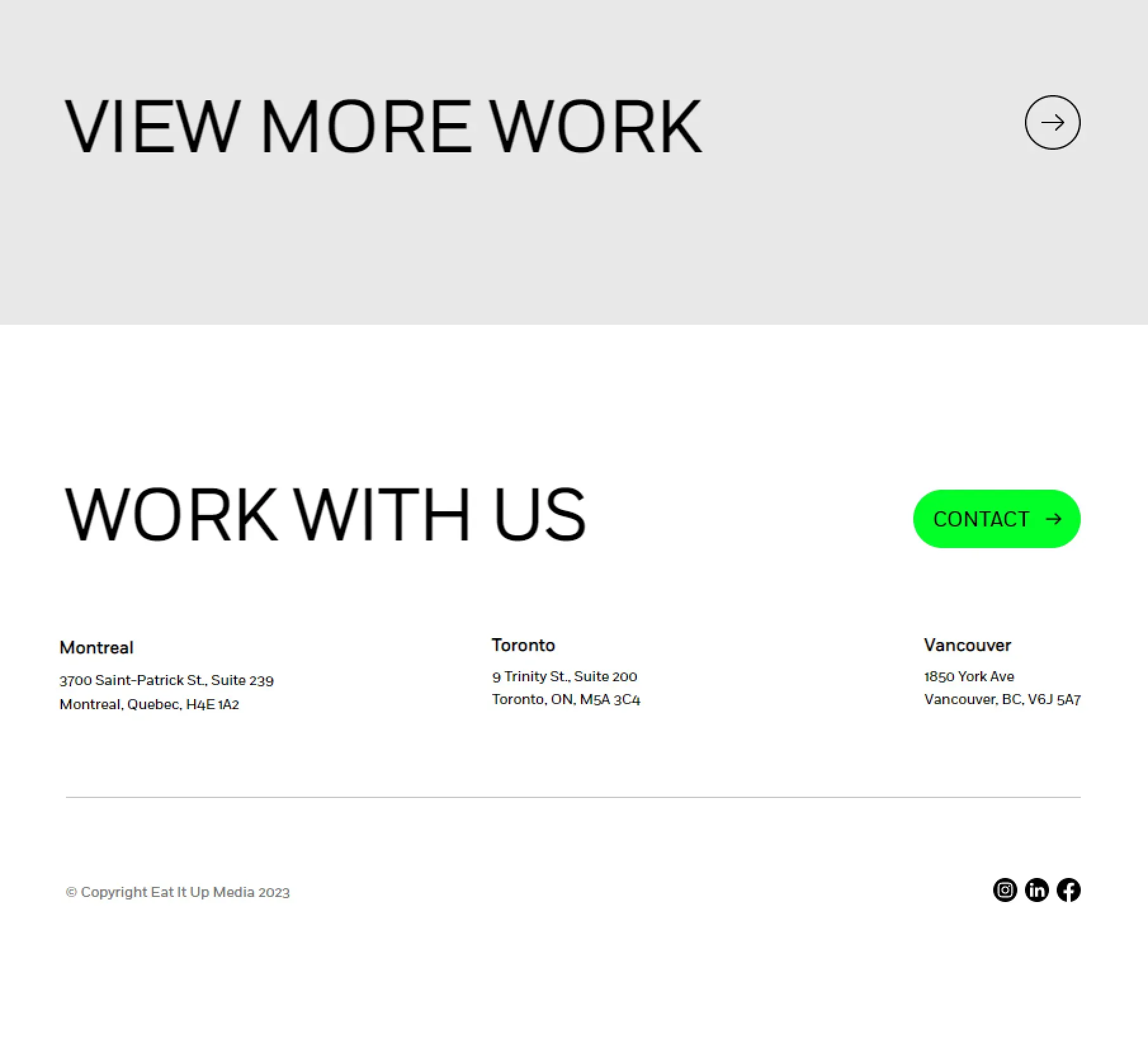 EIUM footer with View More Work, Work With Us contact button and Montreal, Toronto and Vancouver addresses
