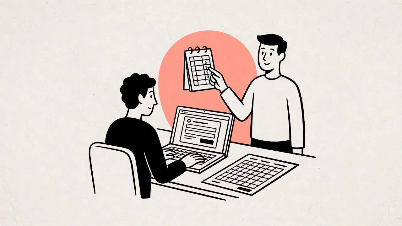 A store owner at a laptop while a consultant shows a small price chart on a notepad.