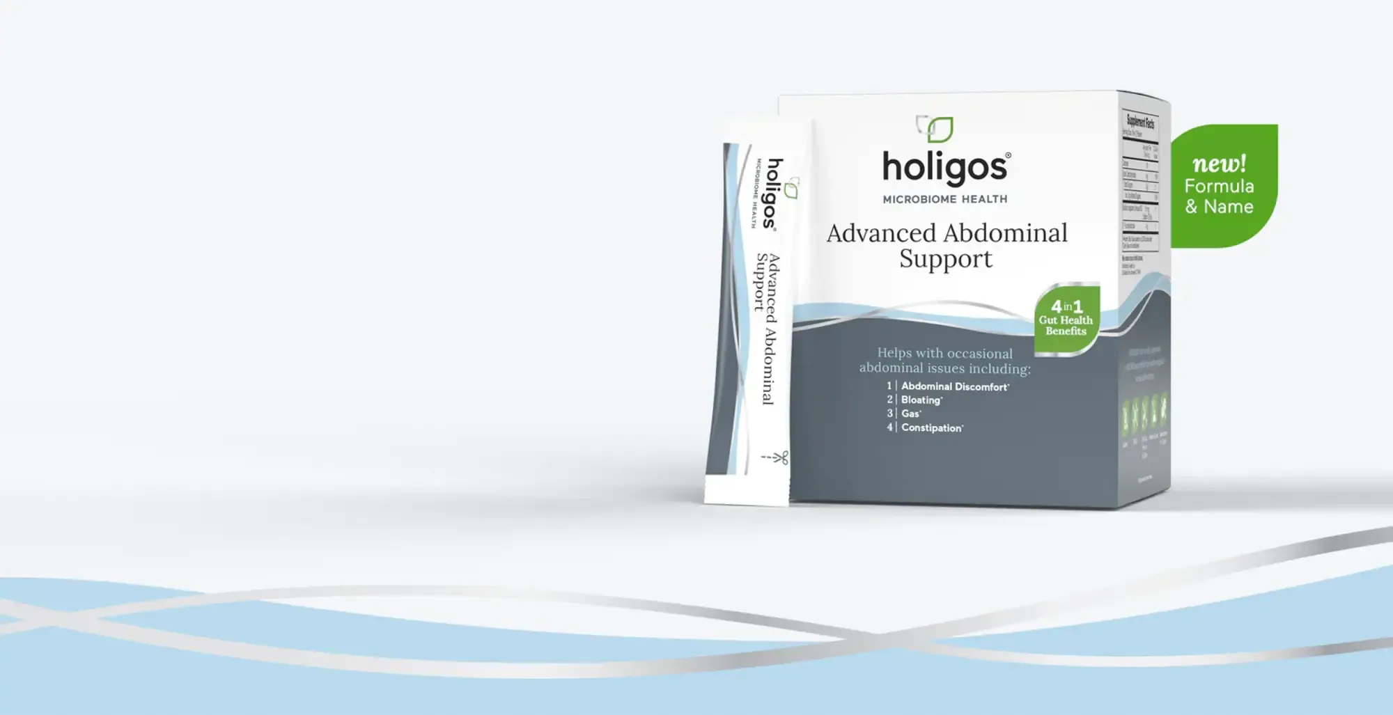 Holigos Advanced Abdominal Support box and stick pack with a green new formula and name badge