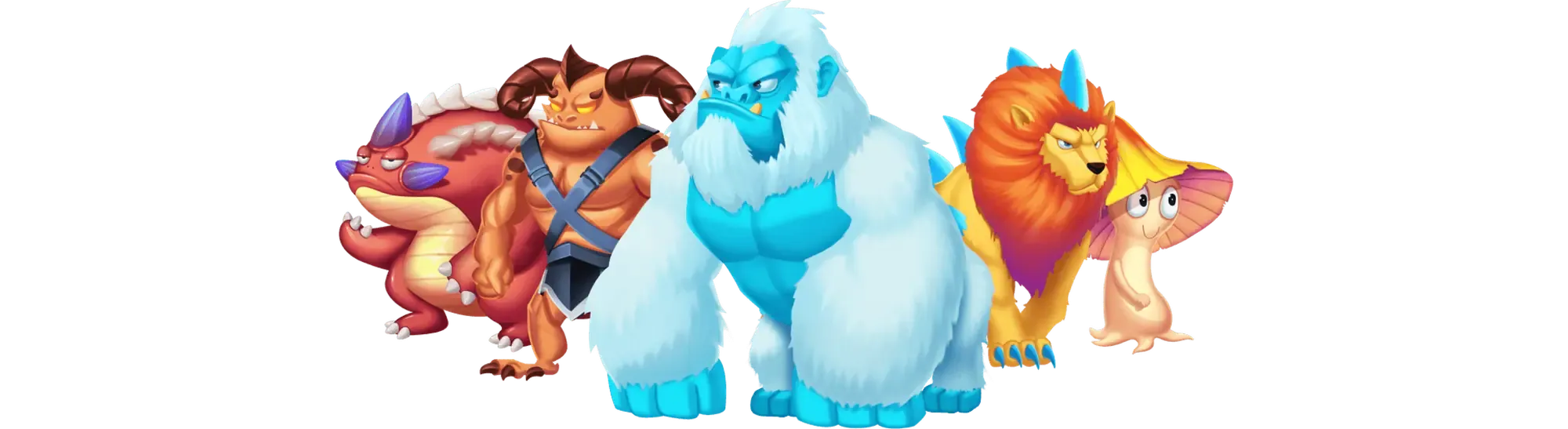 Lineup of cartoon fantasy creatures including a red lizard, a horned brute, a blue yeti, a lion and a mushroom sprite
