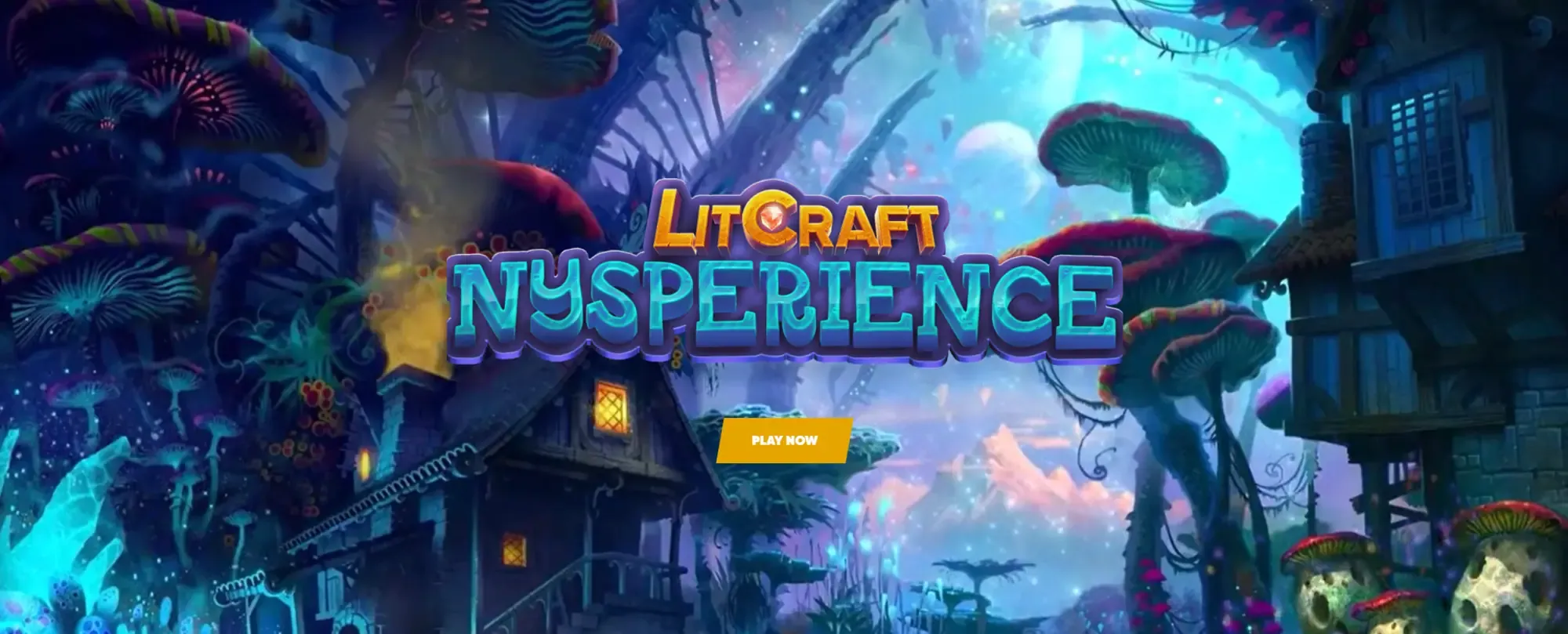 LitCraft Nysperience title screen in a glowing mushroom forest with a Play Now button