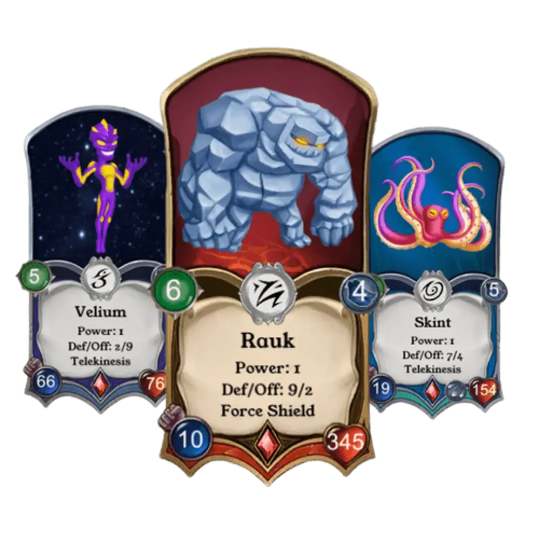 Three fantasy game cards named Velium, Rauk and Skint showing power and def/off stats
