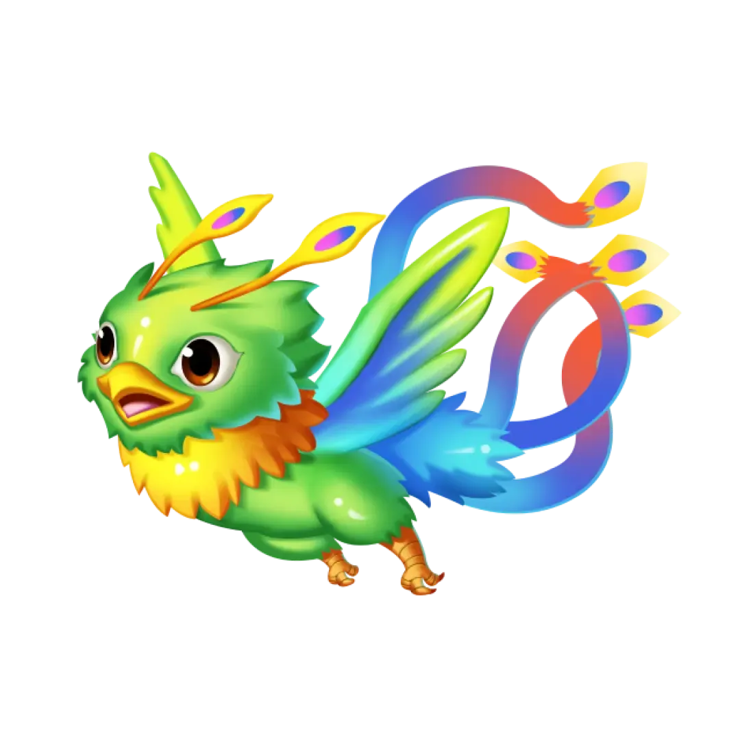 Cartoon green bird-like creature with blue wings and long ribbon tail feathers