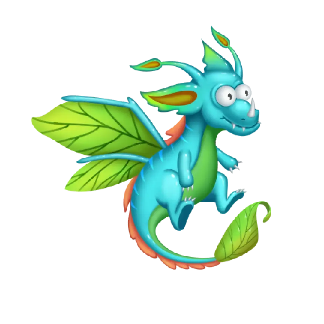Cartoon turquoise baby dragon with leaf-shaped wings and a leaf-tipped tail