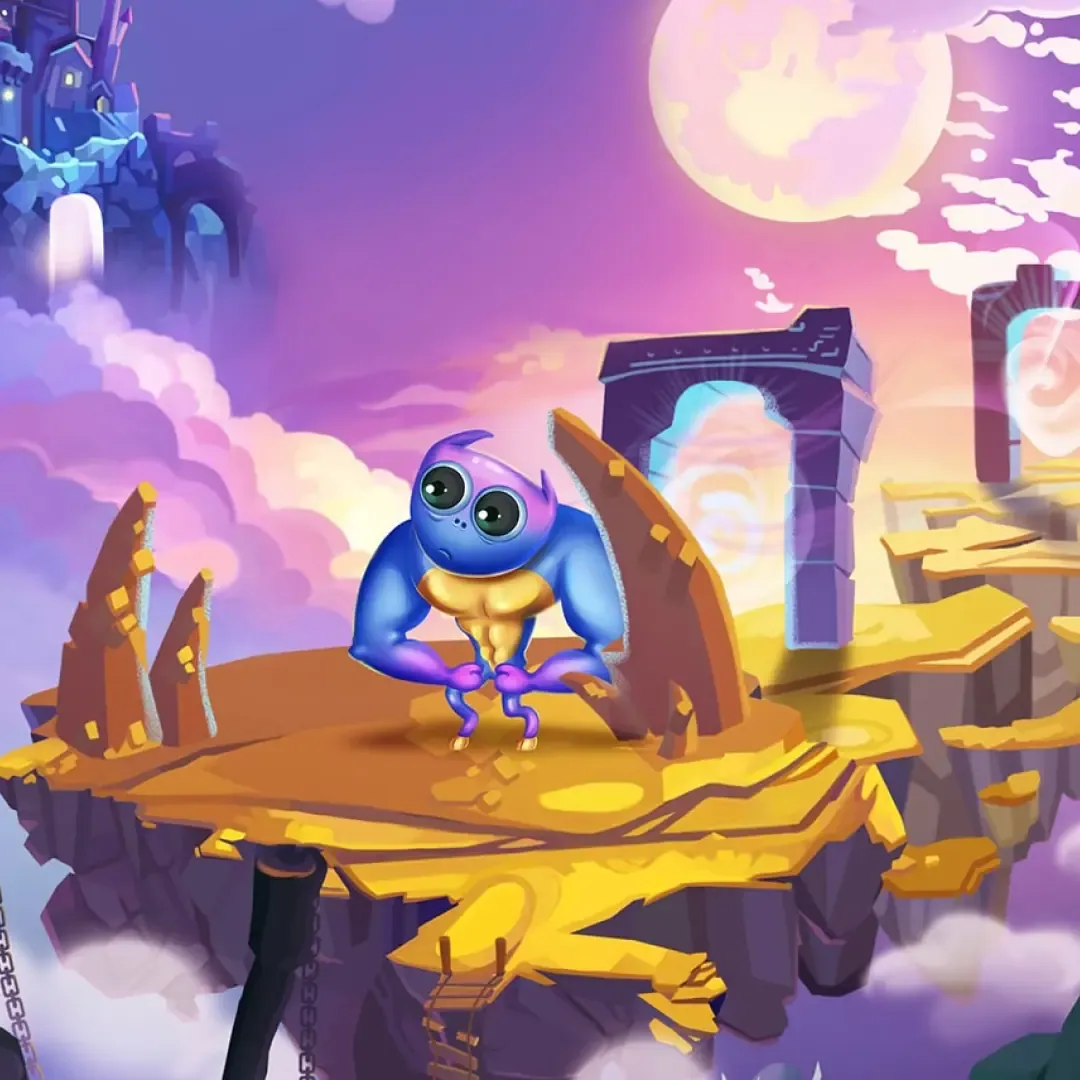 Big-eyed blue cartoon creature standing on a floating golden rock island under a purple sky