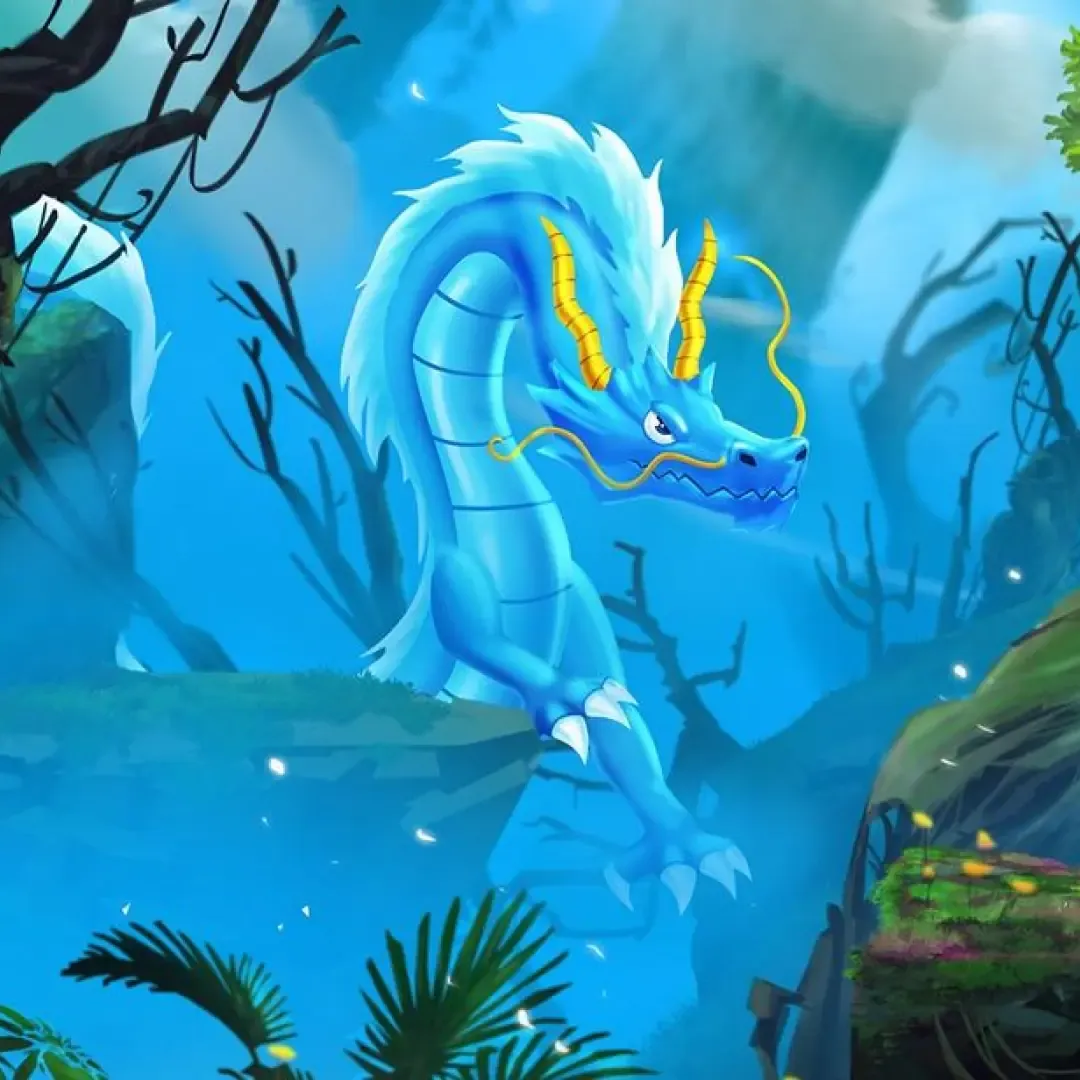 Blue Eastern-style dragon with golden horns and whiskers in a misty blue forest