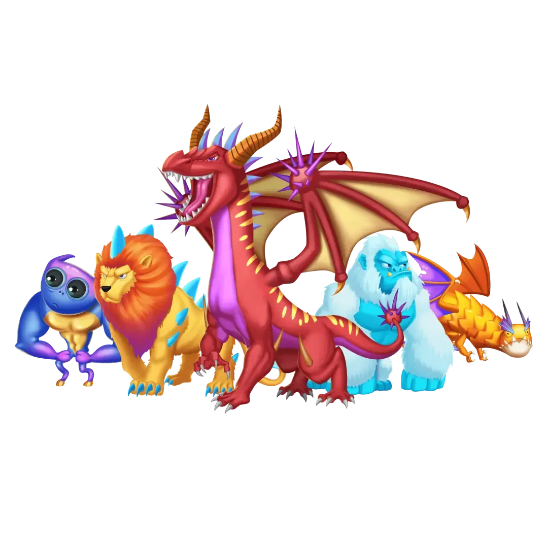 Group of cartoon fantasy creatures led by a roaring red winged dragon, with a lion and a blue yeti