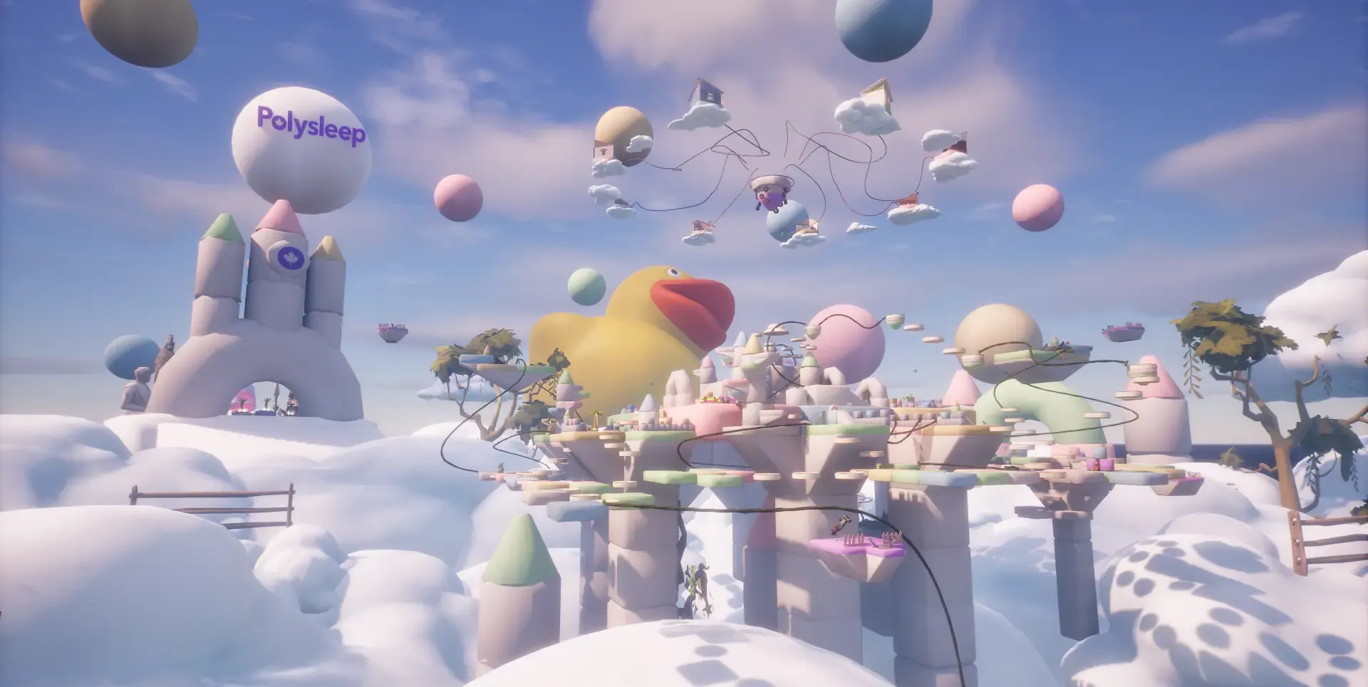 Pastel cloud world game level with floating houses, a giant rubber duck and a Polysleep balloon