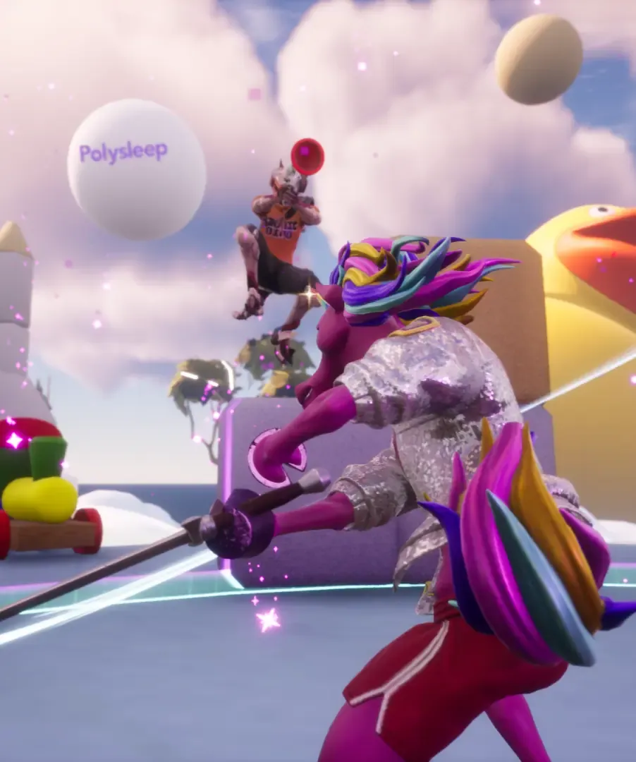 Game scene of a unicorn character in a sequin jacket holding a sword as another player leaps behind