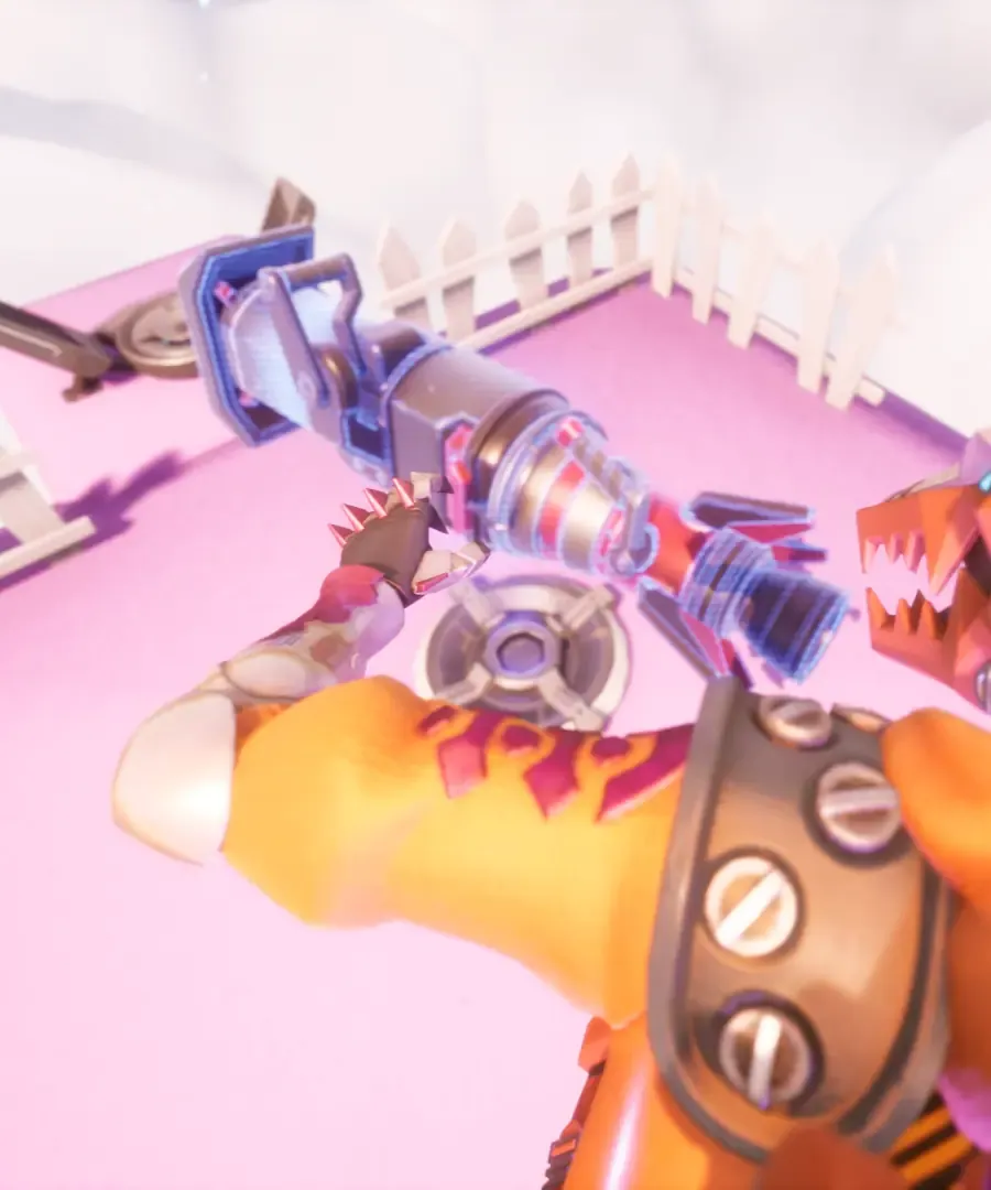 First-person view of a cartoon character's arm holding a large blue and red blaster over a pink floor
