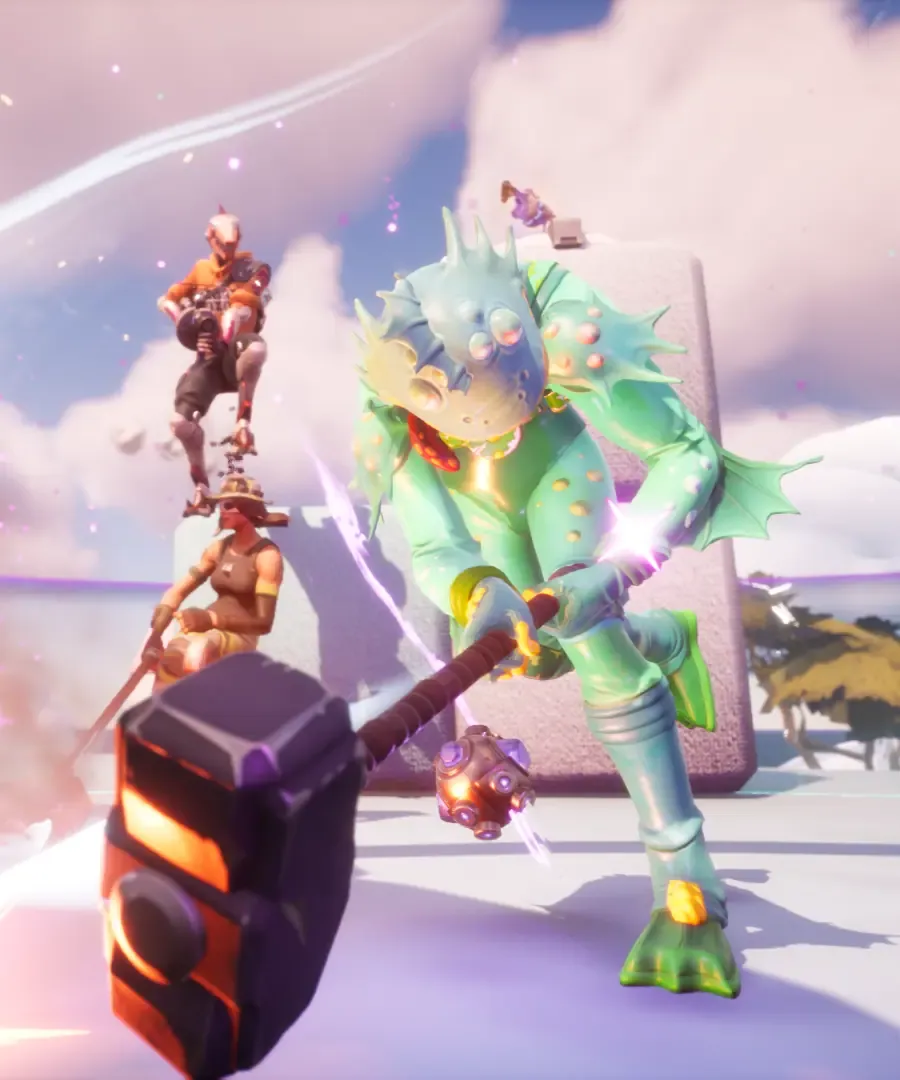 Game scene of a green fish-like character swinging a hammer with other players in the background