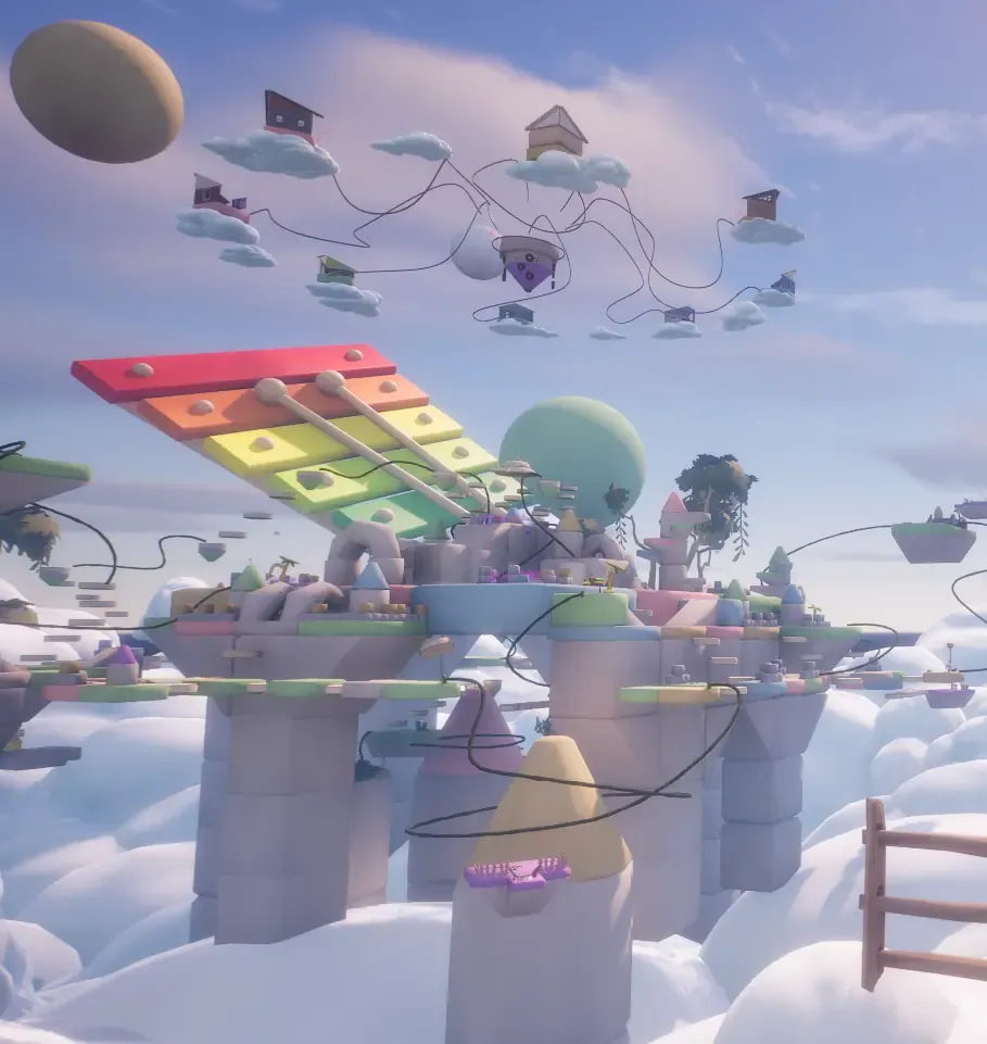 Pastel floating island level with a giant rainbow xylophone and houses hanging from clouds
