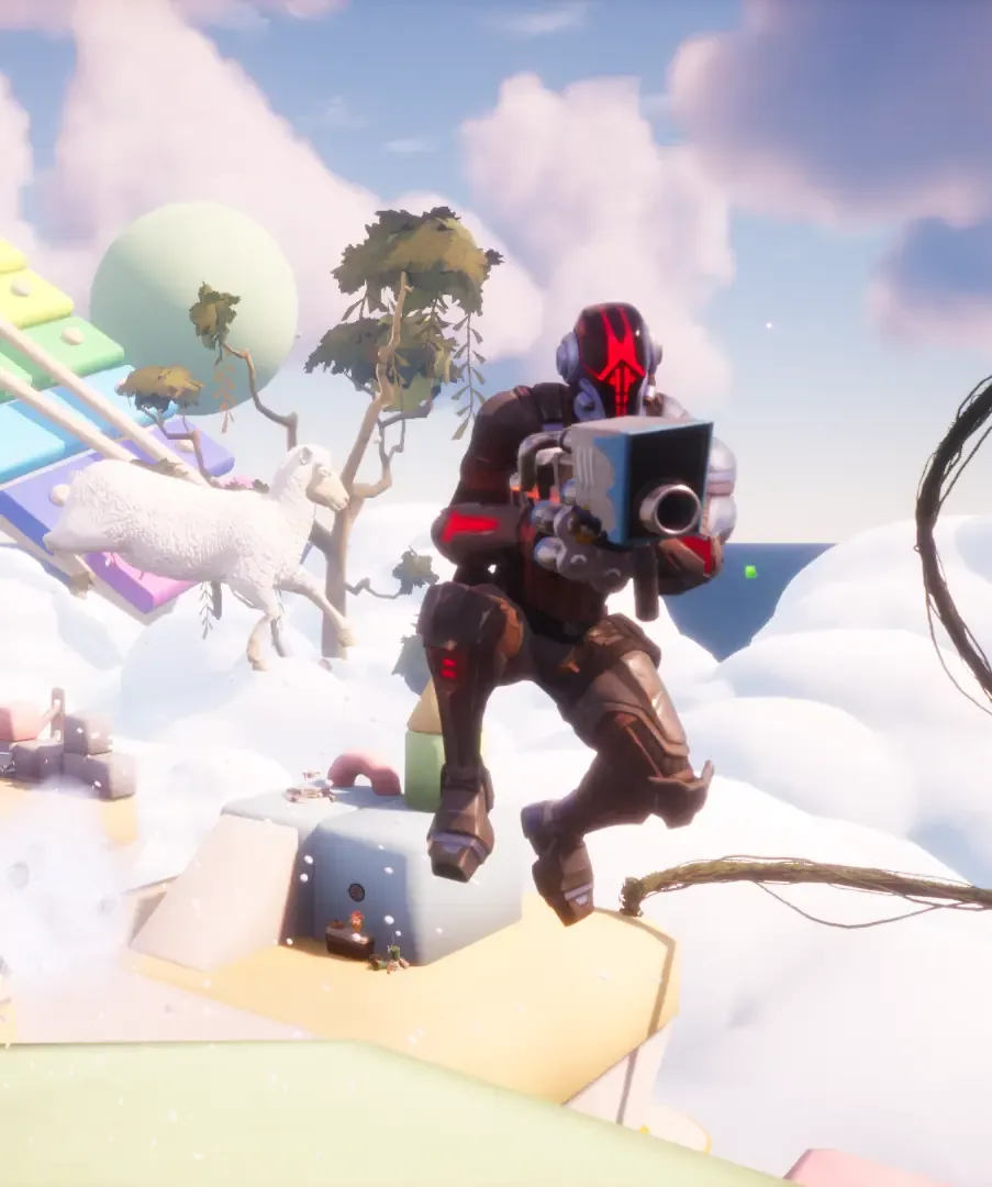 Armored character with a red visor aiming a blaster beside a woolly sheep in a cloud level