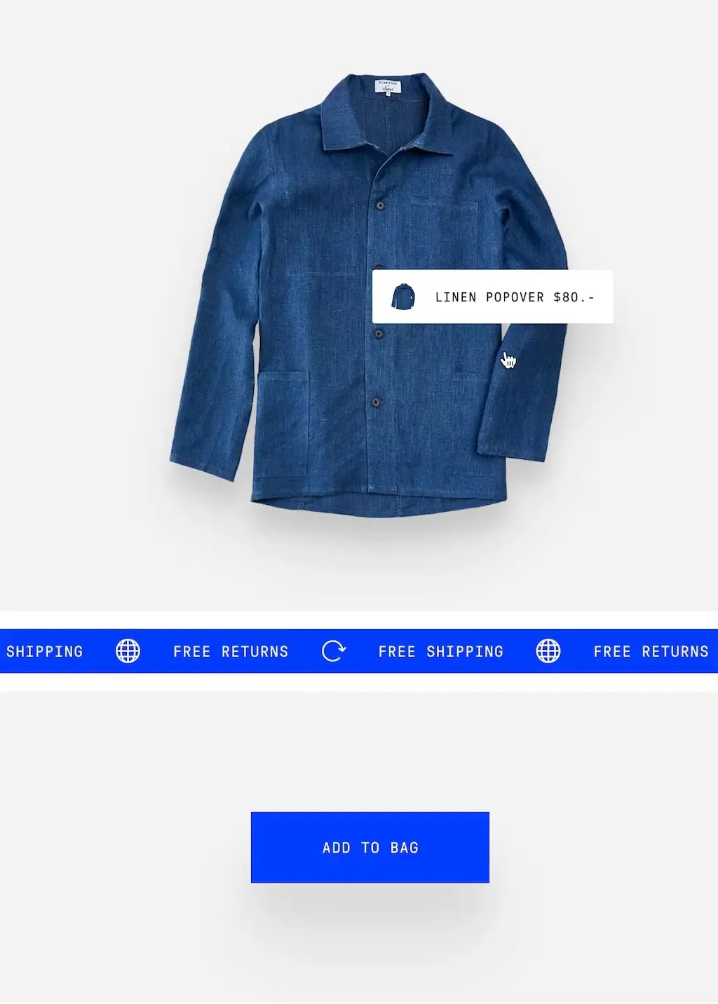 Shop mockup of a blue linen jacket tagged Linen Popover $80, a free shipping banner and an Add to Bag button