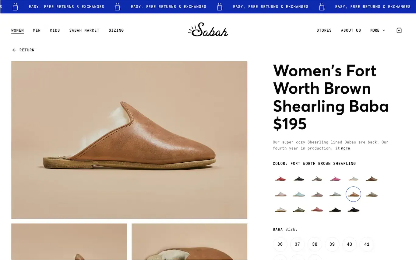 Sabah product page for Women's Fort Worth Brown Shearling Baba at $195 with color and size options