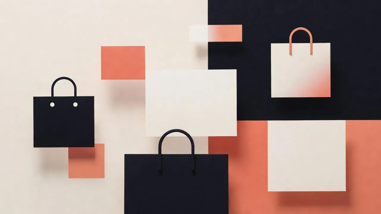 Dark navy and coral shopping bags floating among cream and coral paper squares