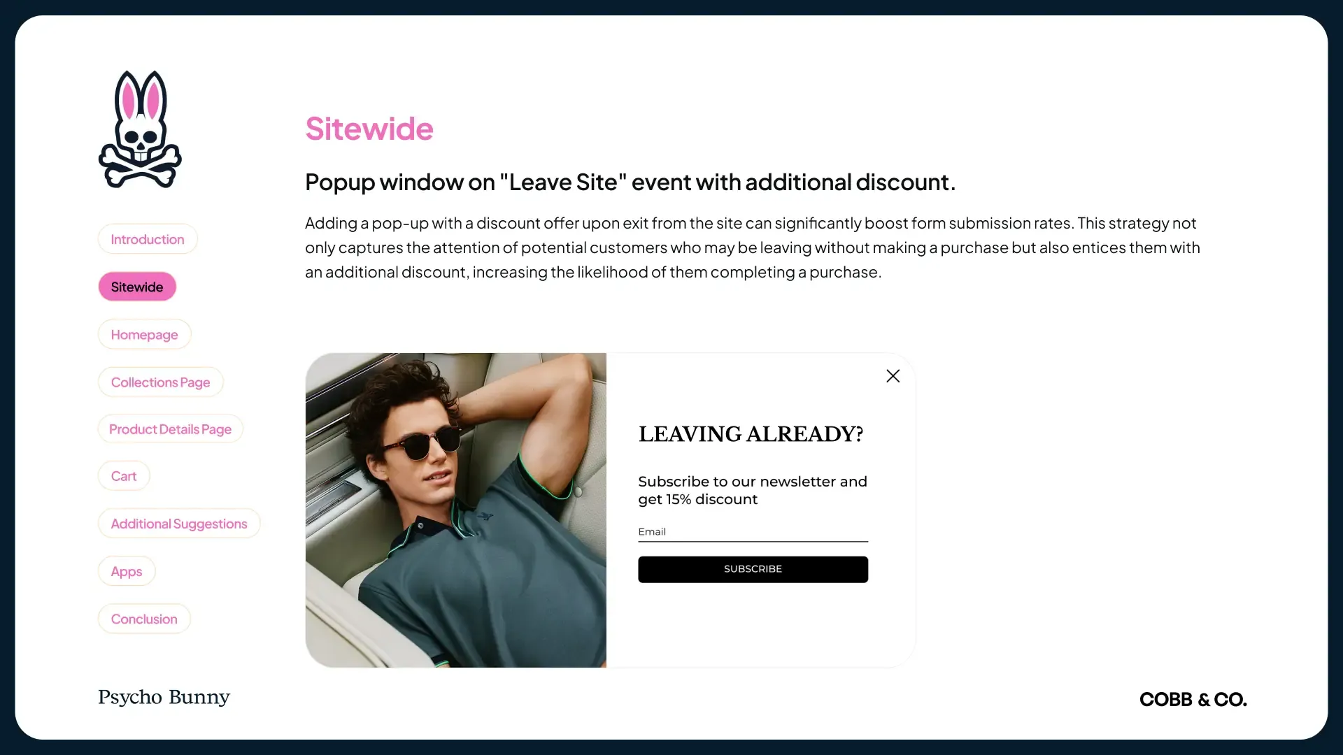 Audit slide proposing a “Leaving already?” exit popup offering 15% off for a newsletter signup