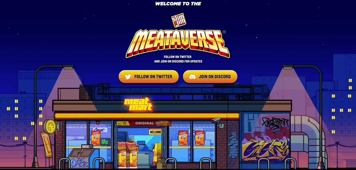 Slim Jim Meataverse landing page with Follow on Twitter and Join on Discord buttons above a Meat Mart store