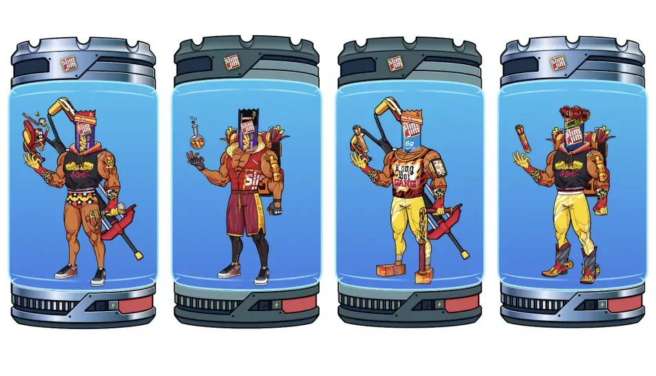 Four illustrated GigaJim NFT characters with Slim Jim stick heads, each in a blue glass capsule
