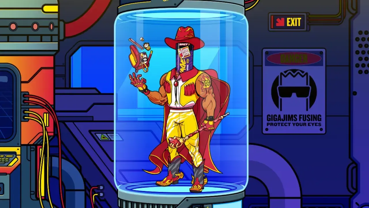 GigaJim character in a cowboy hat and cape inside a lab capsule beside a GigaJims Fusing warning sign