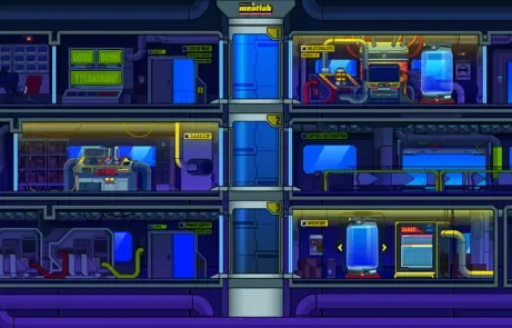 Pixel-art cutaway of a multi-level Meatlab with rooms, machines and capsules connected by an elevator