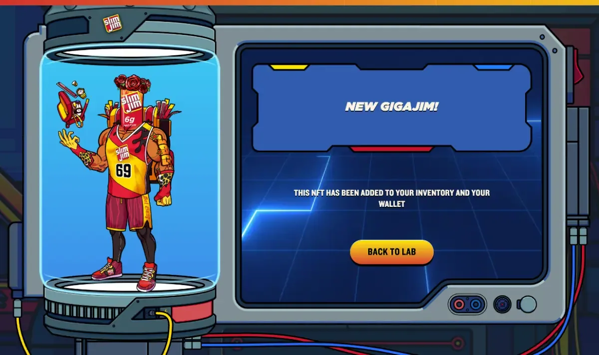 New GigaJim screen with a jersey-wearing character in a capsule and a Back to Lab button